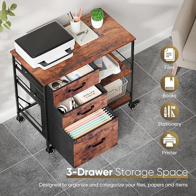 JungleA 3 Drawer Mobile File Cabinet, with 3 Fabric Drawers and 2 Shelves, Mobile Storage Organizer Cart for Office, Study Room, Library, Burnt Texture