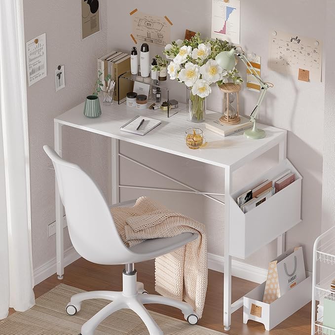 Pamray 32 Inch Computer Desk Small Spaces Desk with Storage Bag for Bedroom Writing and Home Office Work Small Study Desk Table White