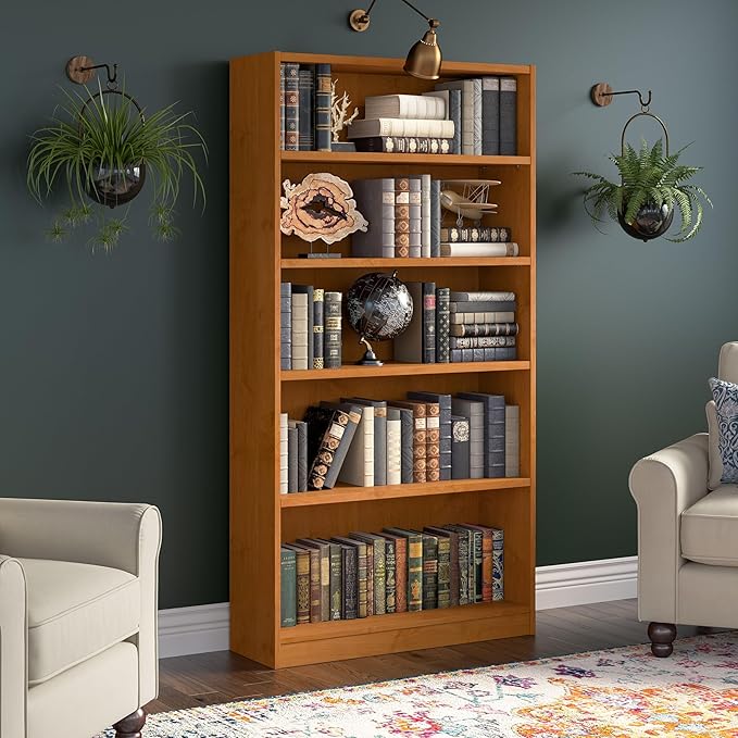 Bush Home Universal Tall 5 Shelf Bookcase in Natural Cherry, Vertical Storage and Display Bookshelf for Home Office or Living Room Organization