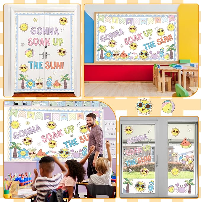 Sun Theme Bulletin Board Set Groovy Summer Classroom Decoration Gonna Soak up The Sun Sunshine Beach Cutouts for Summer School Classroom Back to School Wall Window Blackboard Whiteboard Door Decor