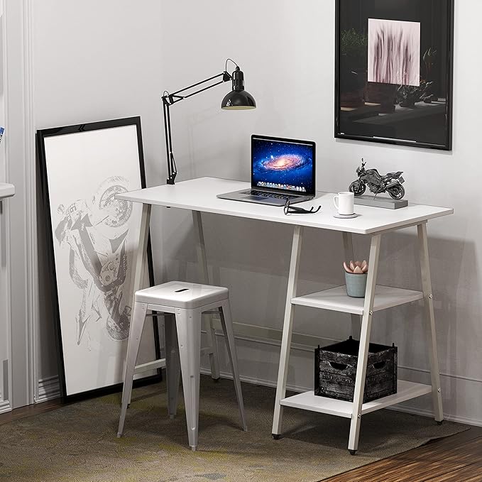 SHW 43-Inch Home Office Trestle Computer Desk with Open Storage Shelves, White