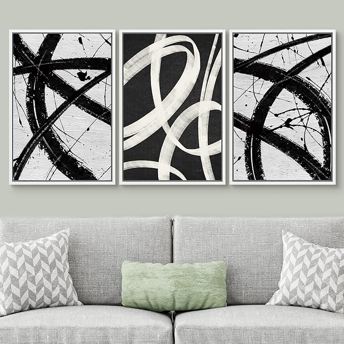 SIGNWIN Framed Canvas Print Wall Art Set Geometric Duotone Ring Landscape Graffiti & Street Art Abstract Illustrations Modern Art Decorative Nordic for Living Room, Bedroom, Office - 16"x24"x3 White
