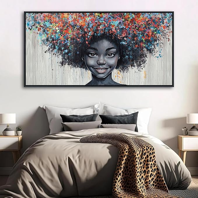 KLAKLA Black Woman Wall Art African American Women Wall Decor Trendy Abstract Black Girl Canvas Poster Prints Pictures for Bedroom Living Room Framed 29x58 Inches