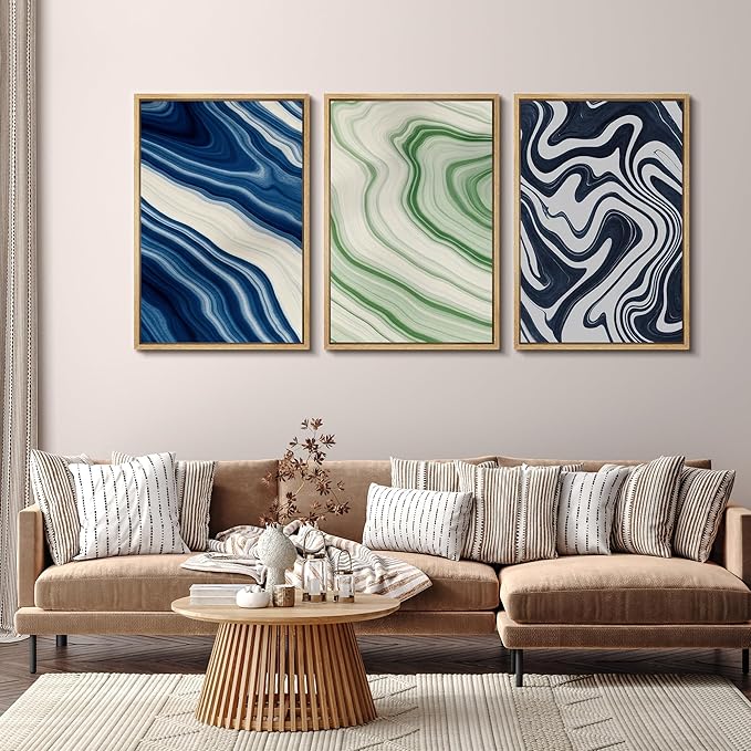 SIGNFORD Framed Wall Art Print Set Blue and Green Marble Swirl Abstract Bold Digital Art Modern Art Contemporary for Living Room, Bedroom, Office - 24"x36"x3 NATURAL