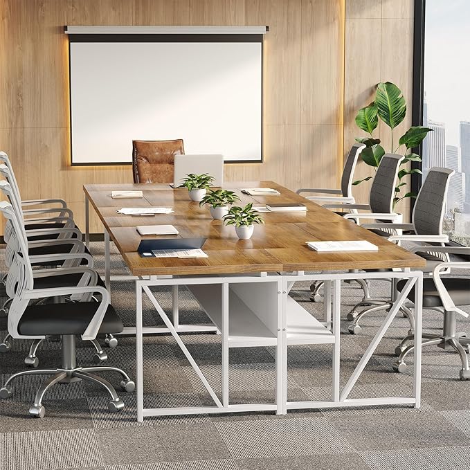 LITTLE TREE 63-Inch Executive Office Desk, Large Computer Desk with Storage Shelf, Executive Desk with Metal Frame, Thickened Desktop, Study Writing Desk Work Station for Home Office, Rustic + White