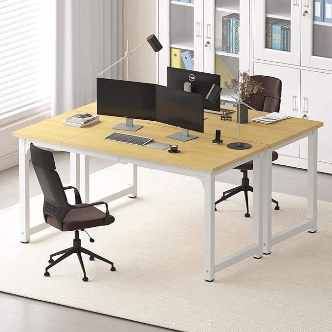 NSdirect 63" Computer Desk,Large Home Office Desk Wide Workstation 1 inch Thicker Tabletop for Writing,Games and Home Work PC Desk Modern Finish Wood Board and Sturdy Steel Legs,Oak+White