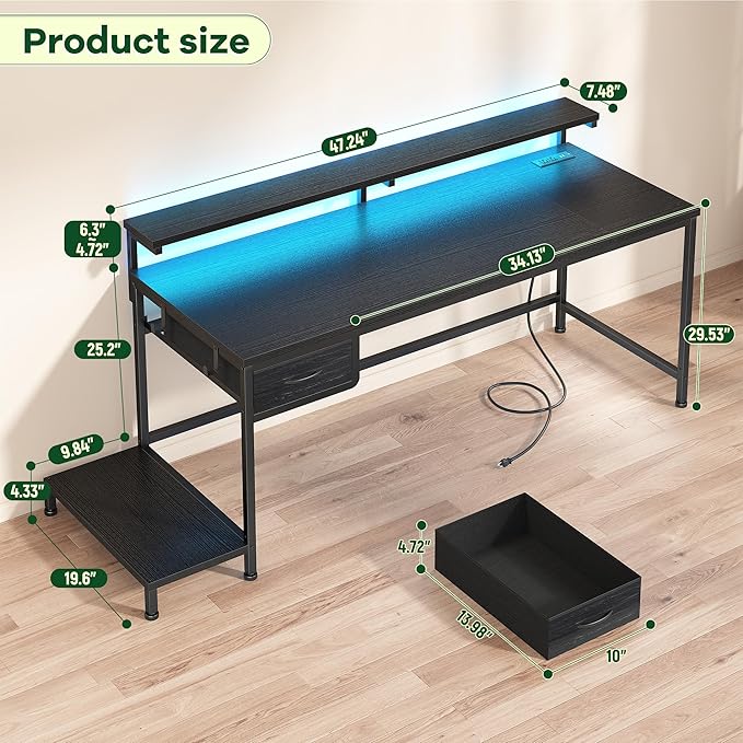 47.2" Gaming Desk with Power Outlet and LED Lights,Computer Desk with Adjustable Monitor Stand and Drawer,Office Desk with CPU Stand for Home Work,Study and Gaming, Small Spaces,Black