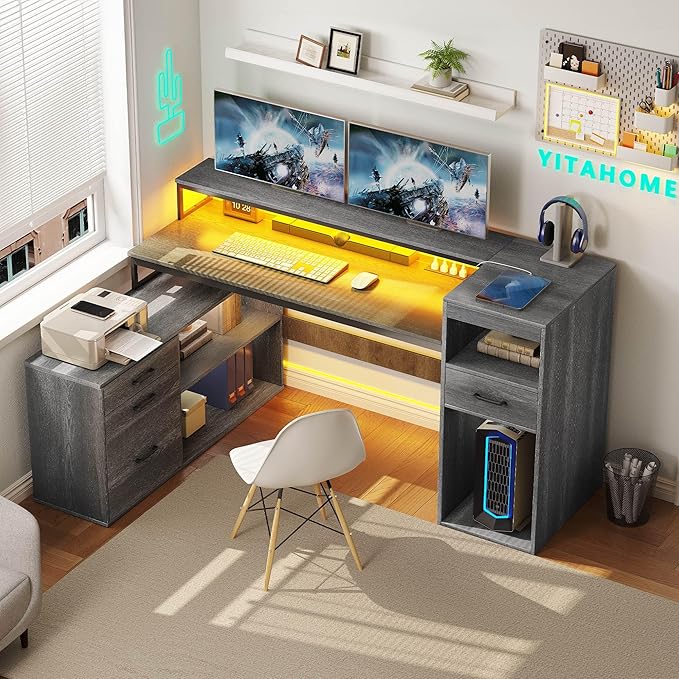 YITAHOME L Shaped Desk with Drawers, 59" Corner Computer Desk with Power Outlets & LED Lights, Farmhouse Wood L-Shaped Desk with File Cabinet, Printer Stand, Host Stand for Home Office, Grey
