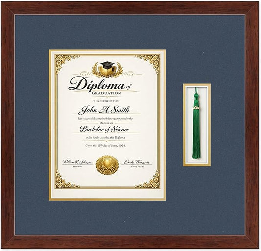 CountryArtHouse Diploma and Tassel Frame Fits 8.5 x 11 Certificate (Portrait) with Tassel Rustic Walnut Genuine Hardwood Shadowbox with Navy Blue Over Metallic Gold Double mat