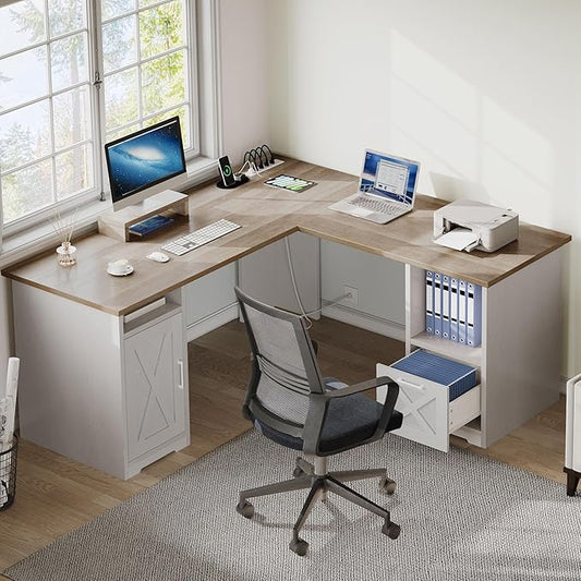 DWVO L Shaped Desk with File Drawer, 60" Corner Computer Desk with Power Outlets, Home Office Desk with Monitor Stand & Storage Shelves & File Cabinet, Grey Wash