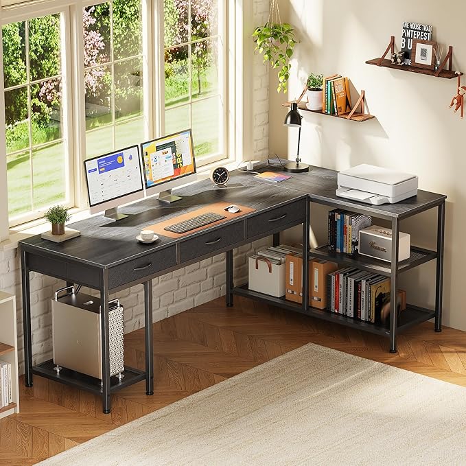 PRAISUN 63 Inch L Shaped Office Desk with Power Outlets and Type-C Port, Large Computer Gaming Desk with 3 Fabric Drawers, Mesh Shelves, Corner Study Work Writing Desk, Grey
