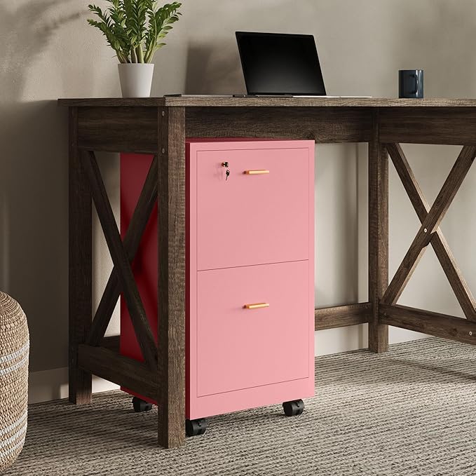 Lavish Home 2 Drawer File Cabinet - Filing Cabinet with Lock - Rolling File Cabinet for Under Desk Storage - Wood Filing Cabinet for Home or Office Organization (Pink)