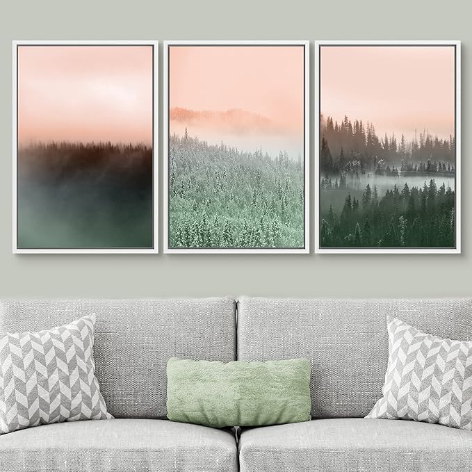 SIGNWIN Framed Canvas Print Wall Art Set Duotone Orange Green Mountain Forest Nature Wilderness Photography Modern Art Rustic Scenic Relax/Calm for Living Room, Bedroom, Office - 24"x36"x3 White
