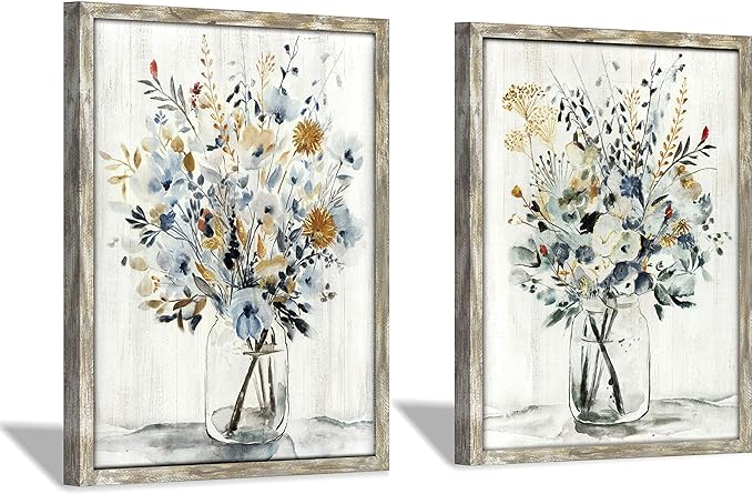 Floral Picture Wall Art Painting: Blossom Bouquet Flowers Print on Rustic Wood and Handcrafted Wooden Framed Artwork for Home and Kitchen (18” x 24” x 2pcs)