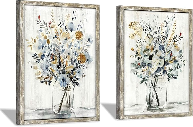 Floral Picture Wall Art Painting: Blossom Bouquet Flowers Prints on Rustic Wood and Handcrafted Wooden Framed Artwork for Home and Bedroom (12” x 16” x 2pcs)