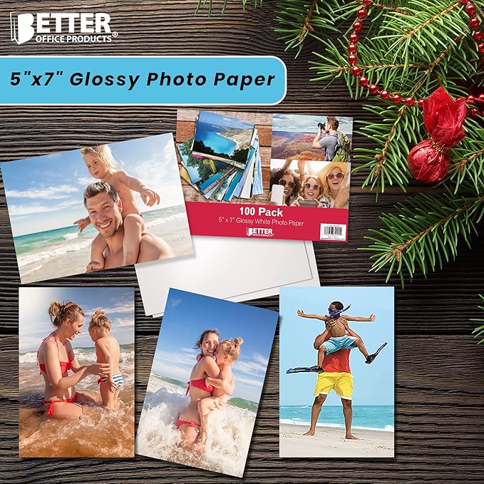 Better Office Products Premium Glossy Photo Paper, 5 x 7 inch, 100 Sheets, 200gsm, 5 x 7, 100-Count Pack