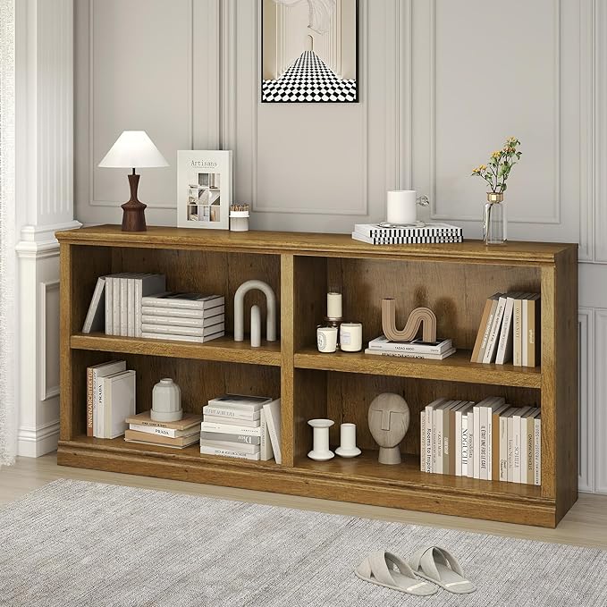 Double Wide Open Shelf Bookcase - 2 Tiers 4 Storage Cube Adjustable Space Book Case, Display Cabinet Organizer with Bookshelf, 64.8 inch Width Indoor Furniture for Home Library Office, Vintage Oak