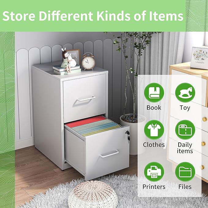 2 Drawer File Cabinet with Lock,White Metal Filing Cabinets for Home Office,Steel Vertical File Cabinet,Heavy Duty Metal Storage Cabinet for Letter Size Files,Assembly Required
