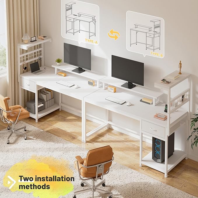 EnHomee 48" Computer Desk with Drawer & Storage Shelves, Home Office Desk with Monitor Stand, Gaming Desk with LED Lights & Power Outlets for Living Room, Study Room, Gaming Room, White