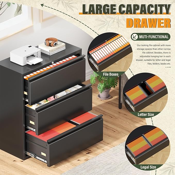 Greenvelly Lateral File Cabinet 3 Drawer, Lockable Metal Filing Cabinets for Home Office, Black Metal File Cabinet with Lock for Legal/Letter/A4/F4 Size