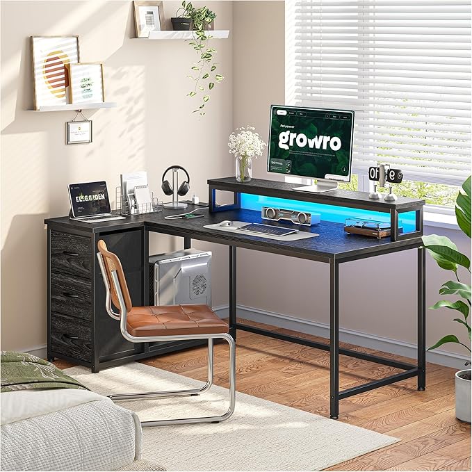 EnHomee L Shaped Gaming Desk with LED Lights & Power Outlet, 48Inch Reversible Office Desk with Monitor Stand Corner Computer Desk with 3 Drawers for Gaming,Study Room,Home Office,Bedroom,Black