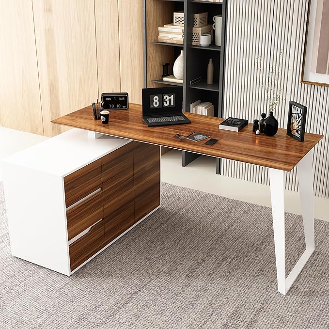 Homsee Home Office Computer Desk Corner Desk with 3 Drawers, 2 Shelves & 2 Doors, 55 Inch Large L-Shaped Study Writing Table with Storage Cabinet, White & Brown (54.3”L x 40.9”W x 29.1”H)