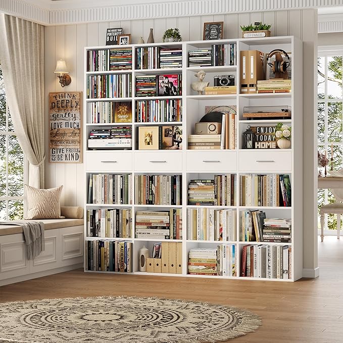 HOSTACK 73" Tall Bookshelf with Drawers, 7-Tier White Bookshelf with Storage, Double Wide Bookcase with 14 Open Book Shelves, Wood Book Case with Adjustable Shelves for Media CD DVD Storage, White