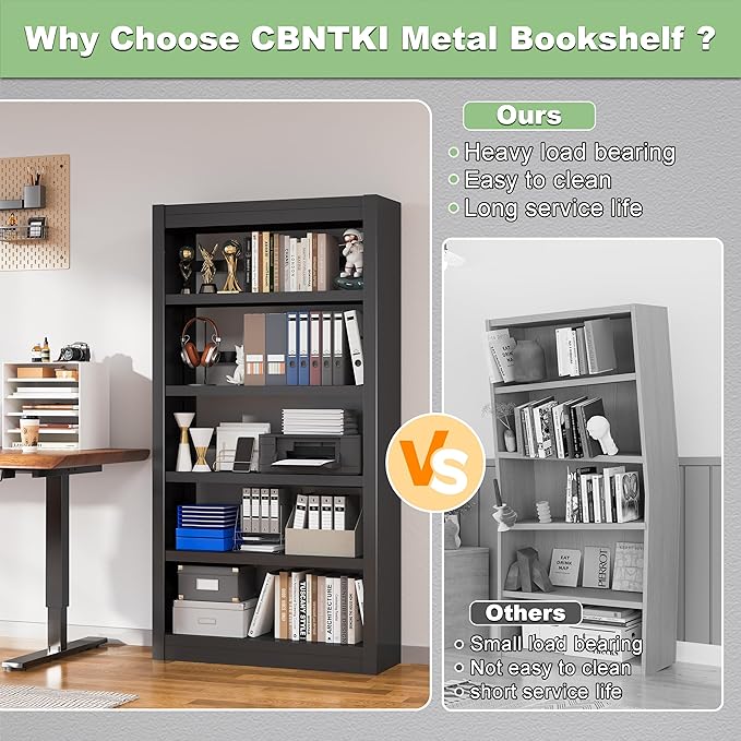 61" Tall Metal Bookshelf,5-Tier Display Bookcase,Industrial Open Bookcases with Adjustable Shelves,Black Standing Modern Bookshelves for Library,Office,Bedroom,Living Room