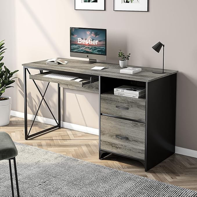 Bestier Office Desk with Drawers, 55 inch Industrial Computer Desk with Storage, Wood Teacher Desk with Keyboard Tray & File Drawer for Home Office, Dark Gray Oak