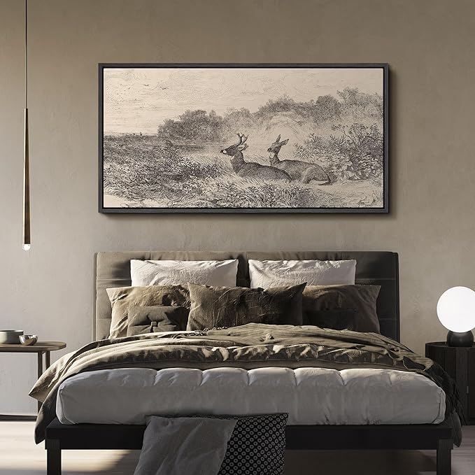 SIGNFORD Extra Large Framed Canvas Vintage Deer Meadow Landscape Illustrations Modern Art Calm Warm for Living Room, Bedroom, Office - 60"x30"