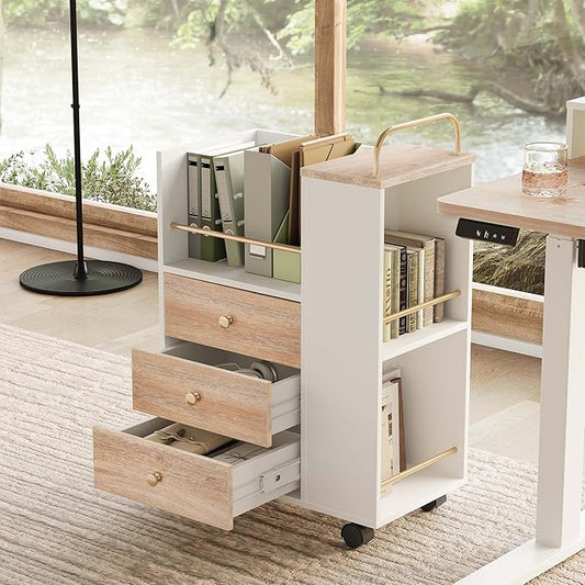 3 Drawer Mobile File Cabinet, Wood Rolling Filing Cabinet with Lockable Wheels, Utility Cart with Open Storage Shelves Home Office Fits A4/Legal, 19.7" x 11.8" x 26.3", Light Walnut