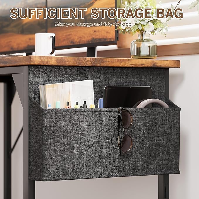 Shahoo 40 Inch Computer Desk, Wood Modern Simple PC Home Office Table for Small Spaces with Storage Bag and Headphone Hook for Home, Office, Study, Writing, Rustic Brown