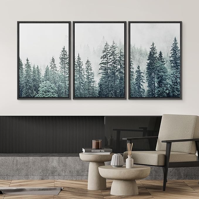 SIGNWIN Framed Canvas Print Wall Art Woodland Nursery Decor Set Film Grain Misty Mountain Pine Trees Nature Wilderness Modern Art Chic Landscape for Living Room, Bedroom, Office - 16"x24"x3 Black