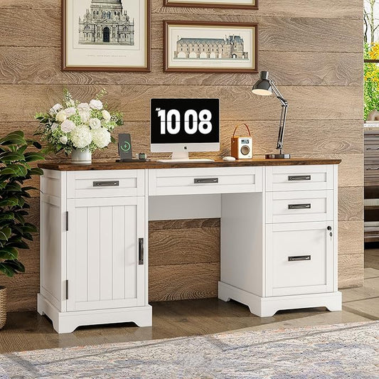 Alohappy 55'' Farmhouse Executive Desk with File Cabinet, Home Office Wood Computer Desk with Drawers and Power Outlets, White