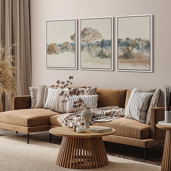 SIGNFORD Framed Wall Art Print Set Pastoral Elegance Soft Watercolor Trees and Fields Illustrations Modern Decorative Multicolor Relax/Calm Chic for Living Room, Bedroom, Office - 24"x36"x3 White