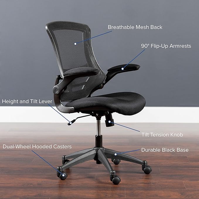 Flash Furniture Kelista Mid-Back Black Mesh Swivel Ergonomic Task Office Chair with Flip-Up Arms - Set of 5