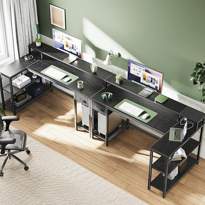 SUPERJARE 53 inch L Shaped Gaming Desk with LED Lights & Power Outlets, Reversible Computer Desk with Shelves & Monitor Stand, Corner Desk with Drawer, for Home & Office, Black