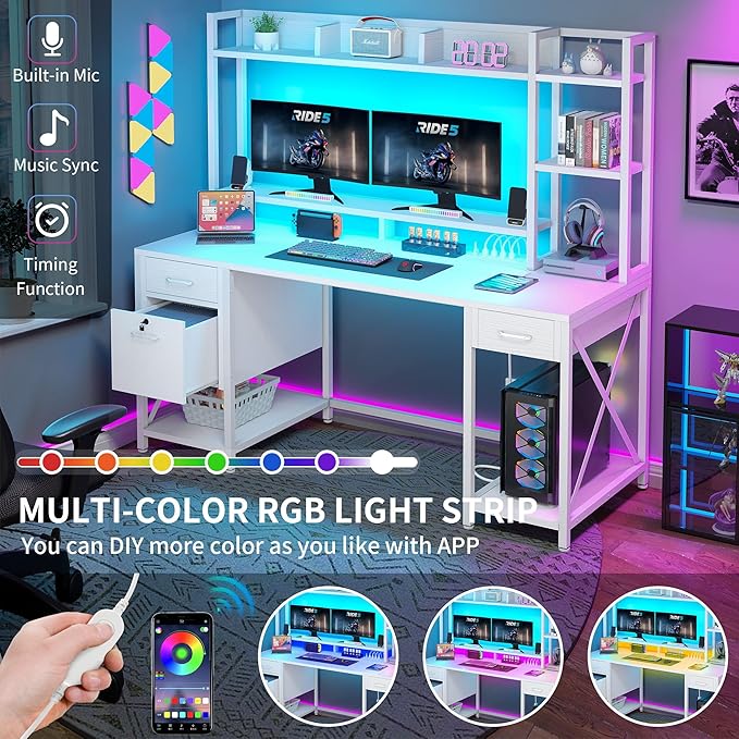 DWVO Computer Desk with Drawers & Hutch, 59.1" Office Desk with Power Outlets & LED Lights, Home Office Desk with Storage Shelves, White