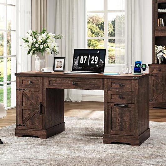 58'' Farmhouse Home Office Desk with Drawers, Wooden Executive Desk with Charging Station, File Drawers and Storage Cabinet, Computer Desk for Work, Study and Writing, Brown