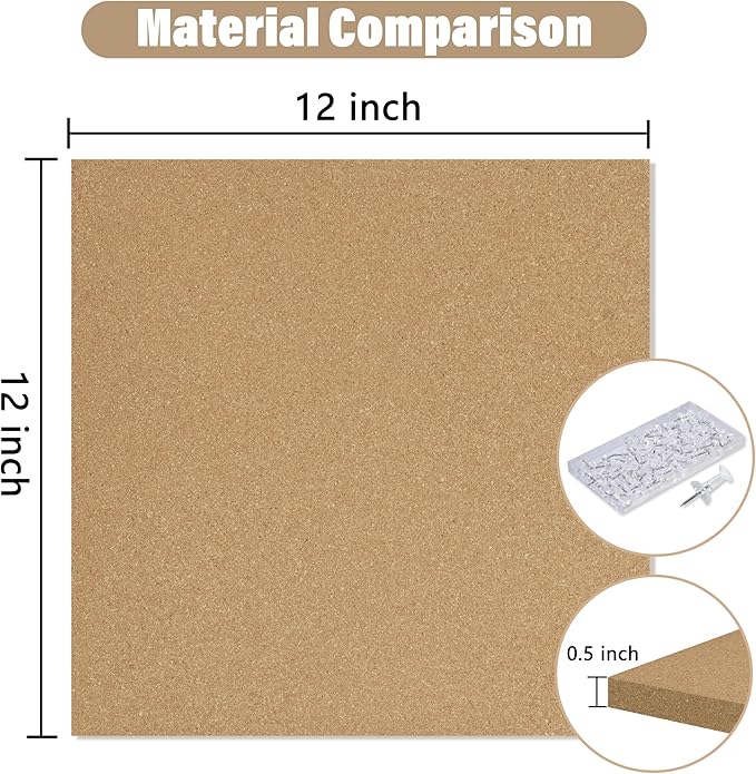 Cork Board Bulletin Board 12x12,1/2" Thick Cork Board Tiles 12 Pack, Self-Adhesive Small Square Pin Board for Walls, Corkboards for Office Home School Message/Vision Board Decoration.