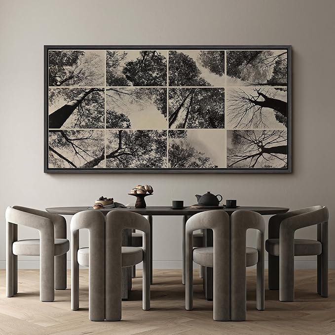 SIGNFORD Extra Large Framed Canvas Print Wall Art Black and White Forest Canopy Grid Collage Illustrations Modern Art Calm Warm for Living Room, Bedroom, Office - 60"x30"