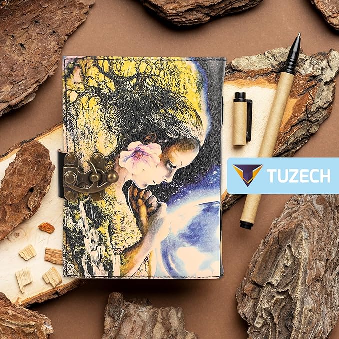 TUZECH Book of Spells Leather Bound Journal Deckle Edge Paper Grimoire Printed Diary Third Eye witchcraft supply and Witch Spell Notebook Antique Vintage Book for Men and Women (Guardian Of Nature)