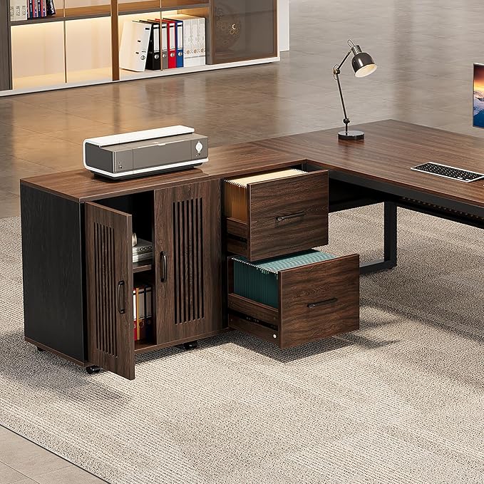 Tribesigns 2-Drawer Mobile File Cabinet, Lateral Filing Cabinet with Door Storage Cabinet and Wheel Casters, Wood File Cabinet for Home Office (Dark Walnut & Black, Only File Cabinet)