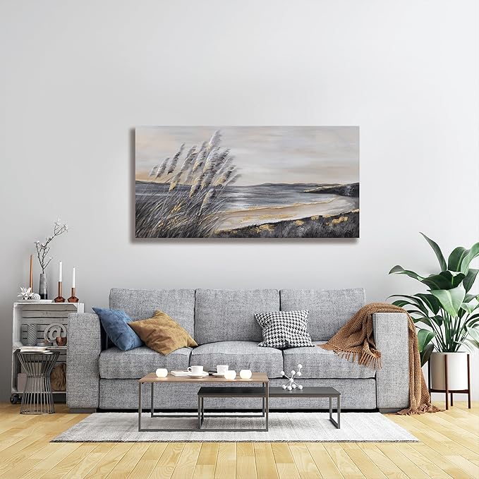Yuaxker Ocean Wall Art Grey and Gold Ocean Art Wall Decor Canvas Painting Modern Minimalist Canvas Painting for Living Room, Bedroom, Dining Room Office Home Decor Artwork 24x48 inch