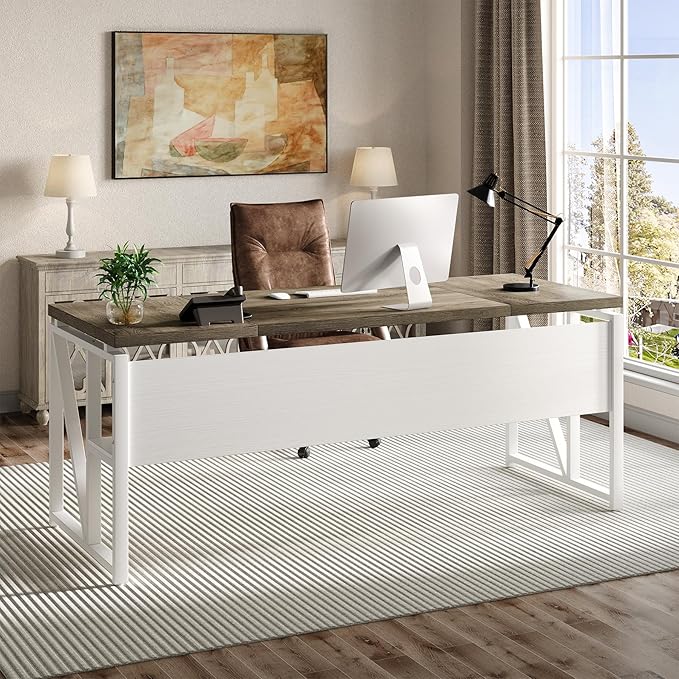 LITTLE TREE 63-Inch Executive Office Desk, Large Computer Desk with Storage Shelf, Executive Desk with Metal Frame, Thickened Desktop, Study Writing Desk Work Station for Home Office, Grey + White