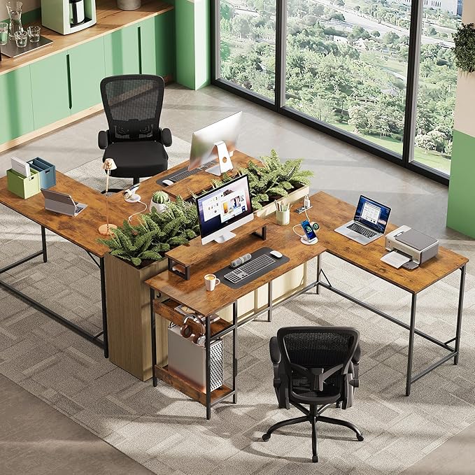 DEVAISE 60 Inch L Shaped Gaming Desk with LED Lights & Power Outlets, Corner Desk for Small Spaces, Sturdy PC Computer Table with Storage for Home Office, Rustic Brown