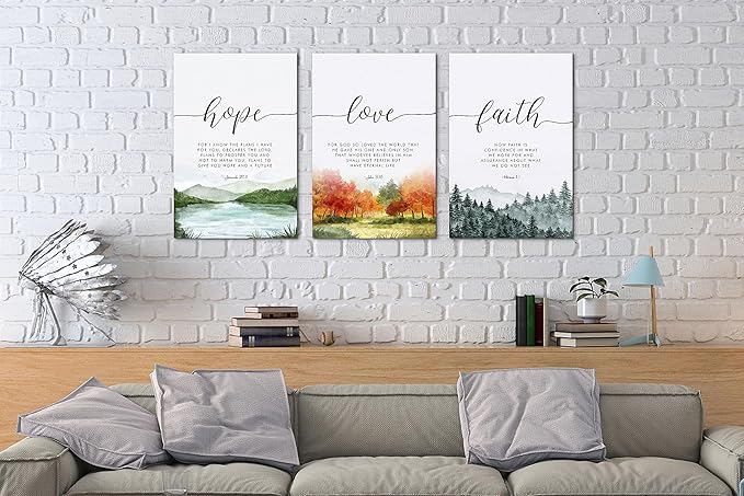 SHMAO Bible Canvas Wall Art Motivational Wall Decor, 3 Piece Hope Love Laith Print Pictures for Office Wall Decor Women Inspirational Framed Artwork Home Office Decor 12”x18”x3 Panels