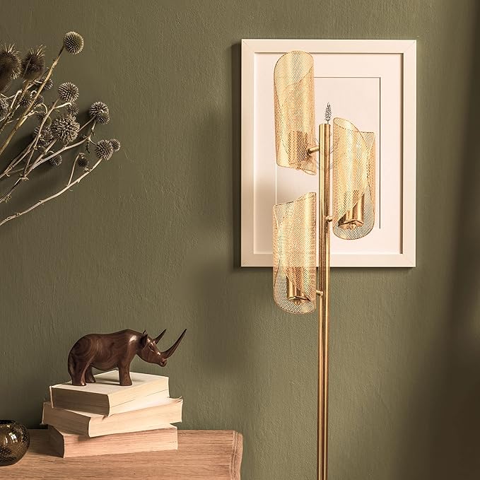 Brightech Lyra LED Tree Floor Lamp for Mid-Century Modern, Contemporary, Industrial Décor, 3 Light Head Standing Lamp with Metal Cage Shade, Standing Pole Tall Lamp for Living Room, Bedroom - Brass