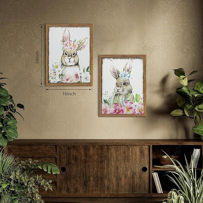 Framed Vintage Easter Wall Art Decor, Easter Bunny Picture Wall Decorations Set of 2, Spring Rustic Rabbit Poster Prints Painting for Kids Room Living Room Bedroom 16x24 Inch