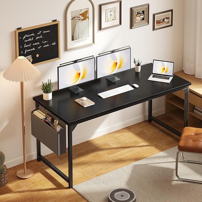 OLIXIS Computer Desk 63 Inch Home Office Desks for Small Spaces, Gaming Writing Study Work Table with Storage Bag for Bedroom, Black
